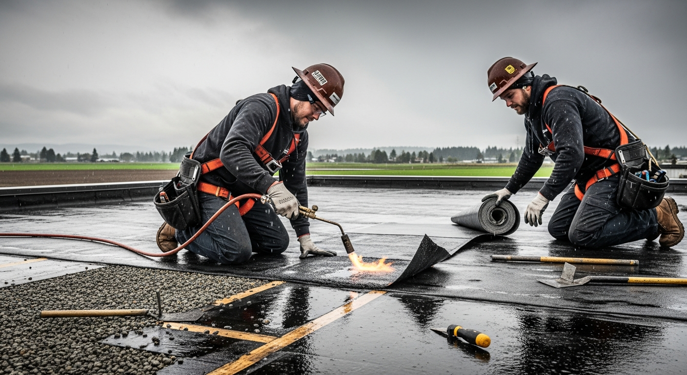 Professional roofers performing emergency SBS modified bitumen membrane repair on a strata building flat roof in Aldergrove BC with rural farmland visible in background during overcast weather