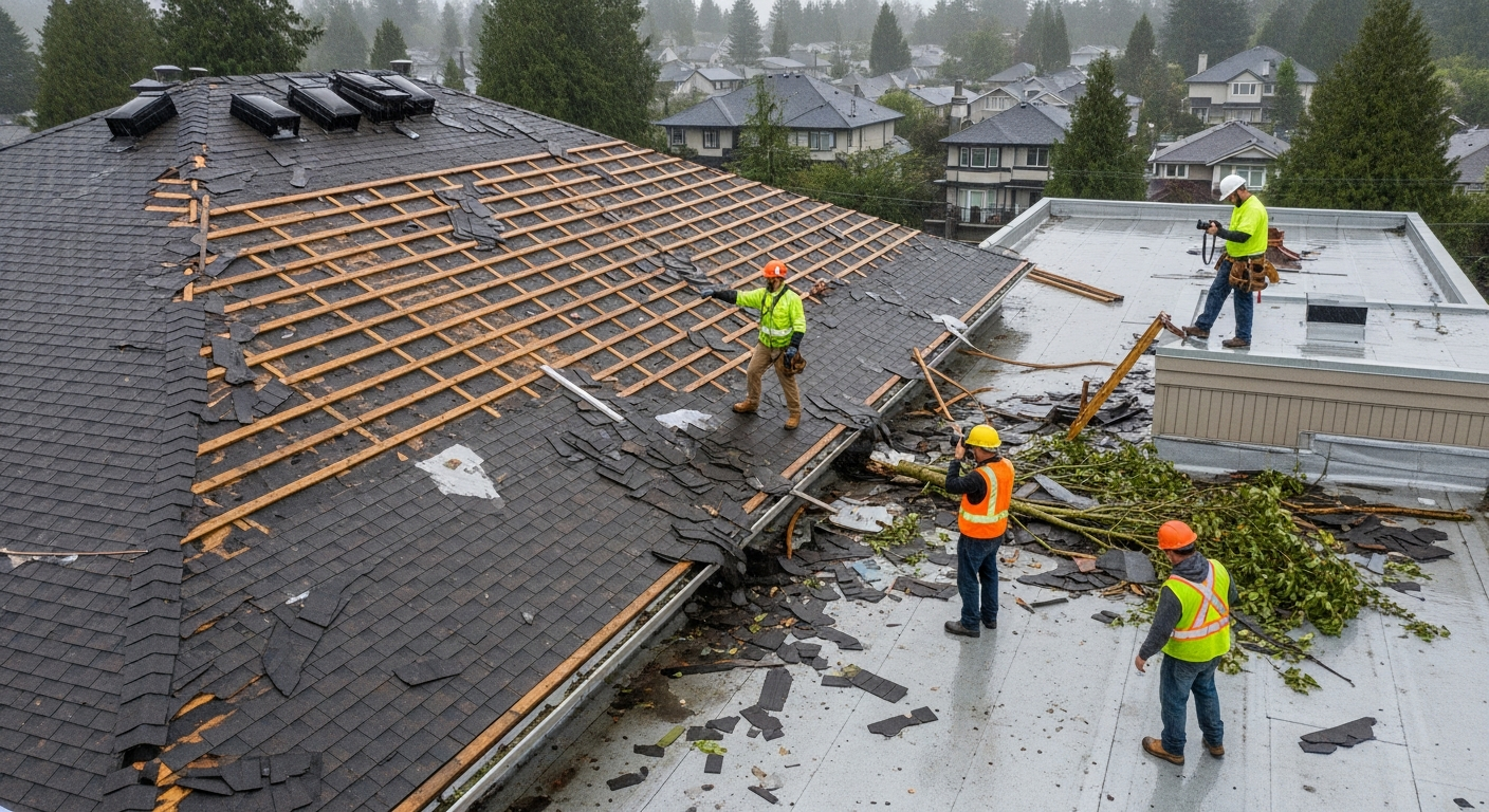 Strata apartment building rooftop in South Surrey showing winter wind storm damage with missing shingles and roofing crew performing emergency repairs during overcast weather